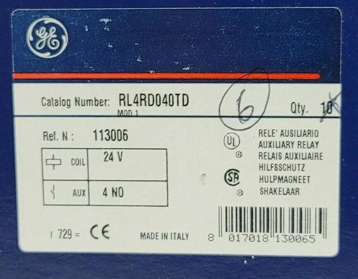 Used LOT OF 6 NIB GENERAL ELECTRIC RL4RD040TD RELAYS, 4 POLE, 24V COIL
