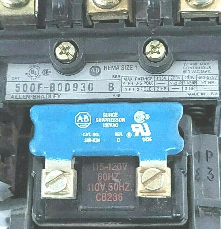 Used ALLEN BRADLEY 500F-BOD930 SIZE 1 STATER SER. B W/ 595-A SER. B & 599-K04 SER. C