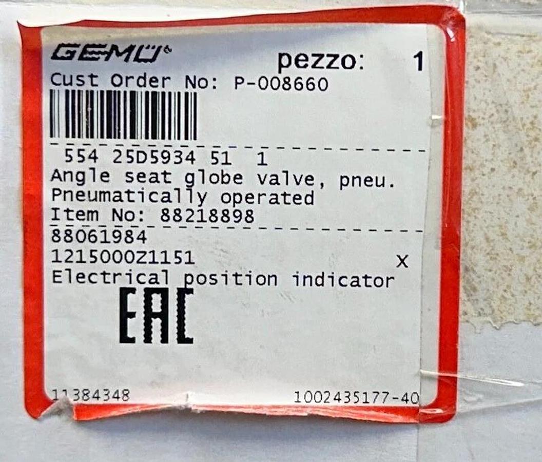 GEMU 554 25D5934 51 1 / 88218898 ANGLE SEAT GLOBE VALVE W/ POS INDICATOR NSMP
