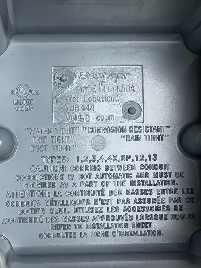 Used Scepter JB444 PVC Junction Box 4x4x4 Gasket NEMA 4X Enclosure 077696 New Box