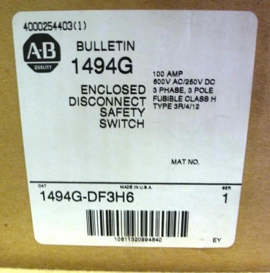 Used ALLEN BRADLEY 1494G-DF3H6 100AMP ENCLOSED DISCONNECT SWITCH 1494GDF3H6 NIB