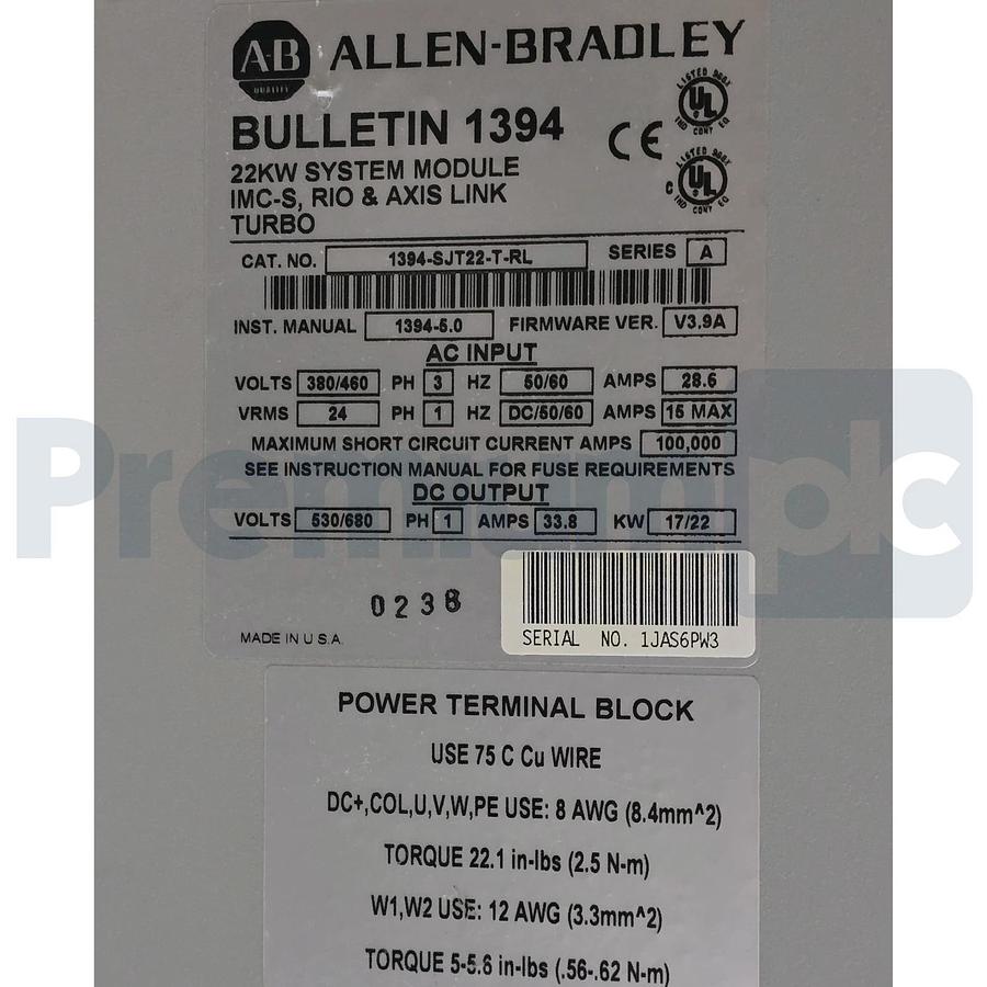 Used Allen Bradley 1394-SJT22-T-RL /A GMC Turbo System Module 22kW 360-480VAC 3P USPI
