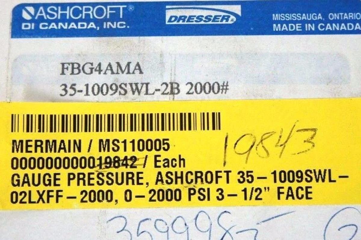 Used NIB ASHCROFT 35-1009SWL-2B 2000# PRESSURE GAUGE 0-2000PSI 35-1009SWL-02LXFF-2000