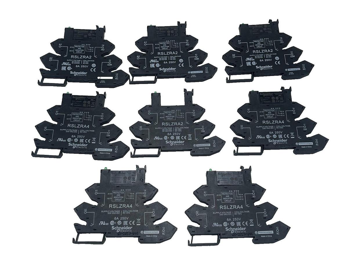 LOT OF 8 SCHNEIDER SLIM DIN RAIL SOCKET (4) RSLZRA2 & (4) RSLZRA4 (1) - NO RELAY