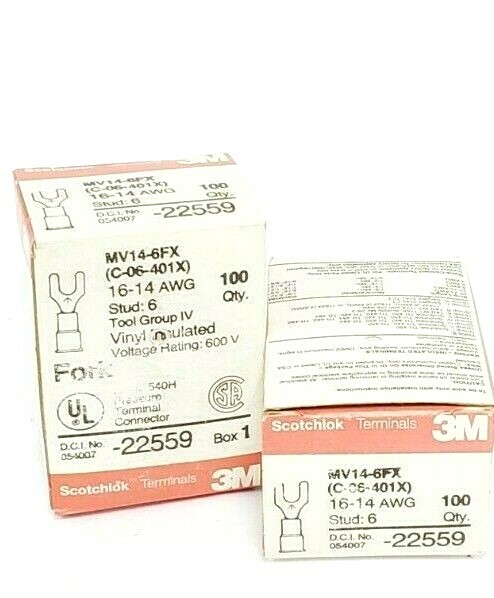 LOT OF 200 NEW 3M MV14-6FX (C-06-401X) FORK TERMINALS 16-14 AWG 600V, STUD: 6