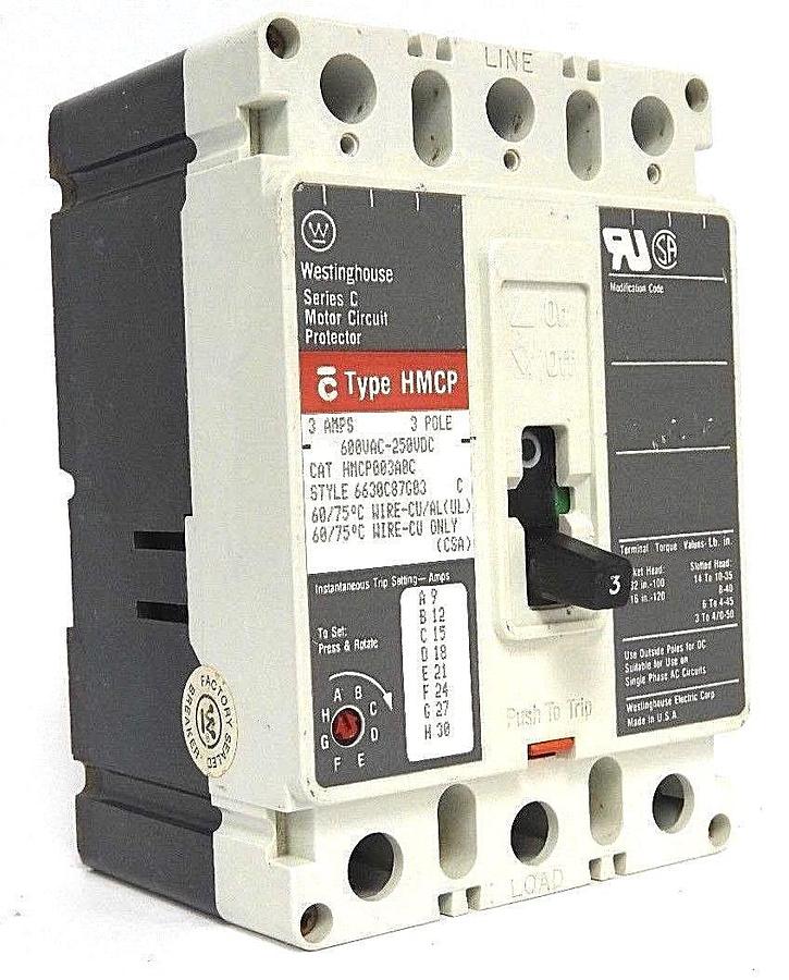 Used WESTINGHOUSE HMCP003A0C CIRCUIT BREAKER S# 6630C87G03, 3 AMPS, SERIES C