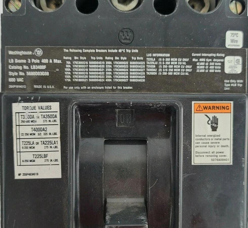 EATON WESTINGHOUSE LB3400F CIRCUIT BREAKER 3P 400A 5680D03G08 w/ 300A TRIP NSNP