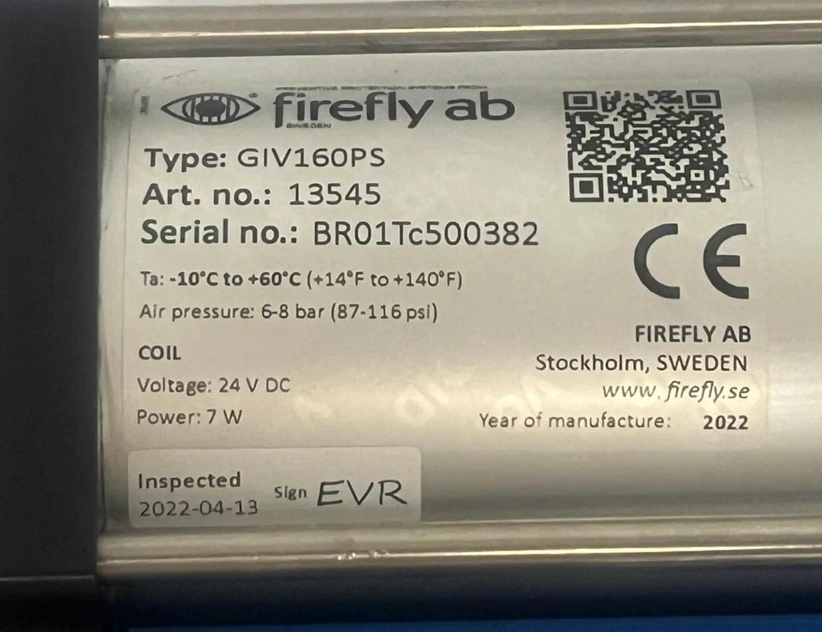 FIREFLY AB GIV160PS Guillotine Isolation Valve 13545 Spark Detection System NSMP