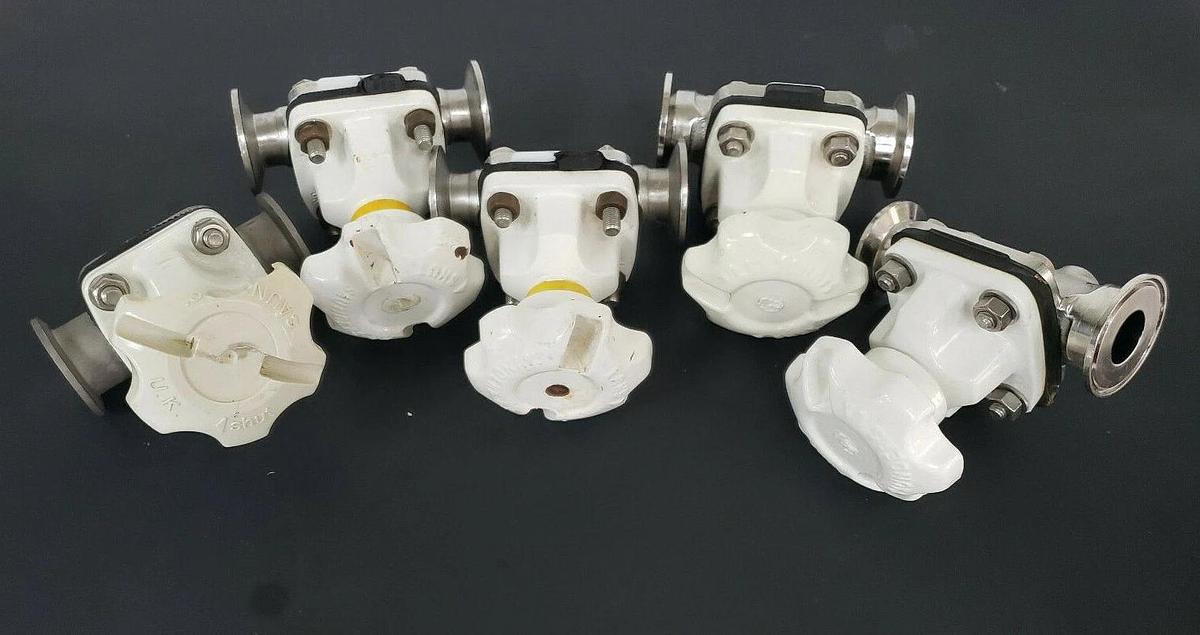 Used LOT OF 5 SAUNDERS DIAPHRAGM VALVES WITH 7/8" ID X 2" OD VALVE BODIES