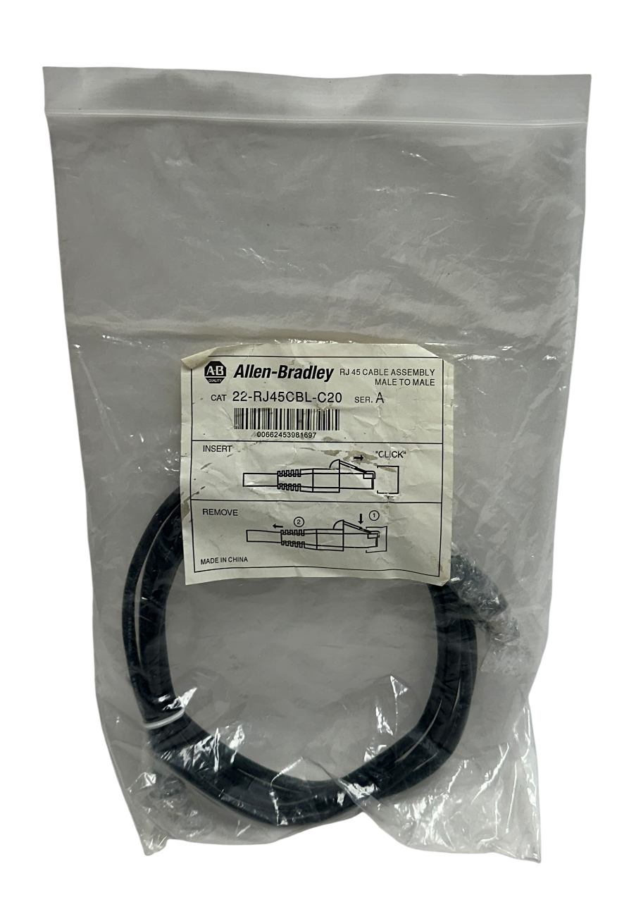 Used ALLEN BRADLEY 22-RJ45CBL-C20 /A PowerFlex RJ45 DSI CABLE ASSEMBLY MALE/MALE NSMP