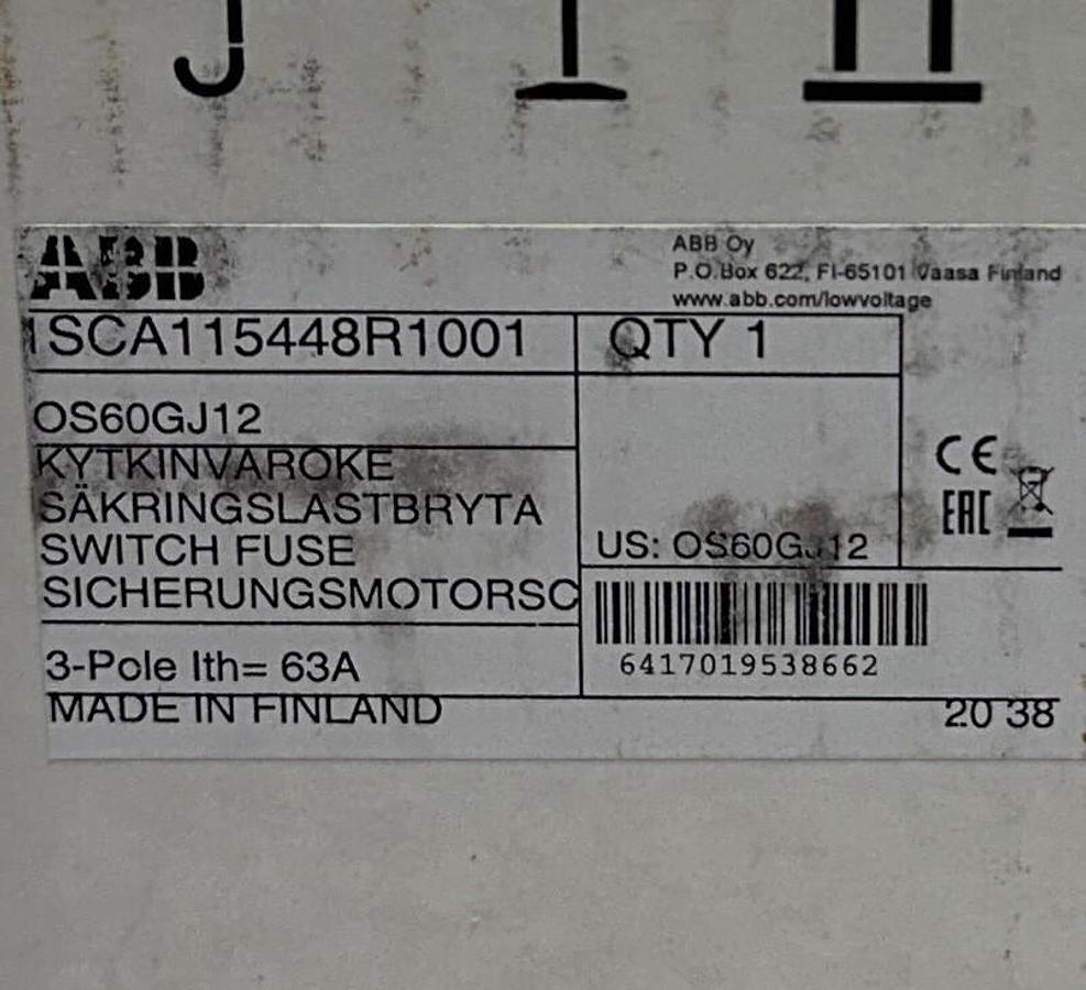 Used ABB 1SCA115448R1001 / OS60GJ12 FUSIBLE DISCONNECT SWITCH 3-POLE 60A CLASS J NSMP