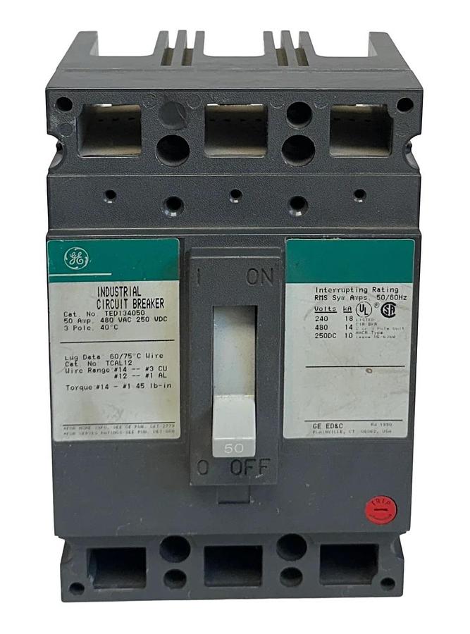GENERAL ELECTRIC TED134050 INDUSTRIAL CIRCUIT BREAKER 50A 480VAC 250VDC 3P NSNP