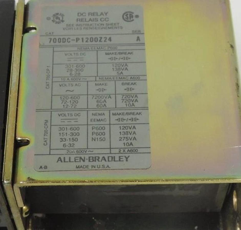 Used ALLEN BRADLEY 700DC-P1200Z24 DC RELAY 700DCP1200Z24 SER. A, 24V PD174 COIL