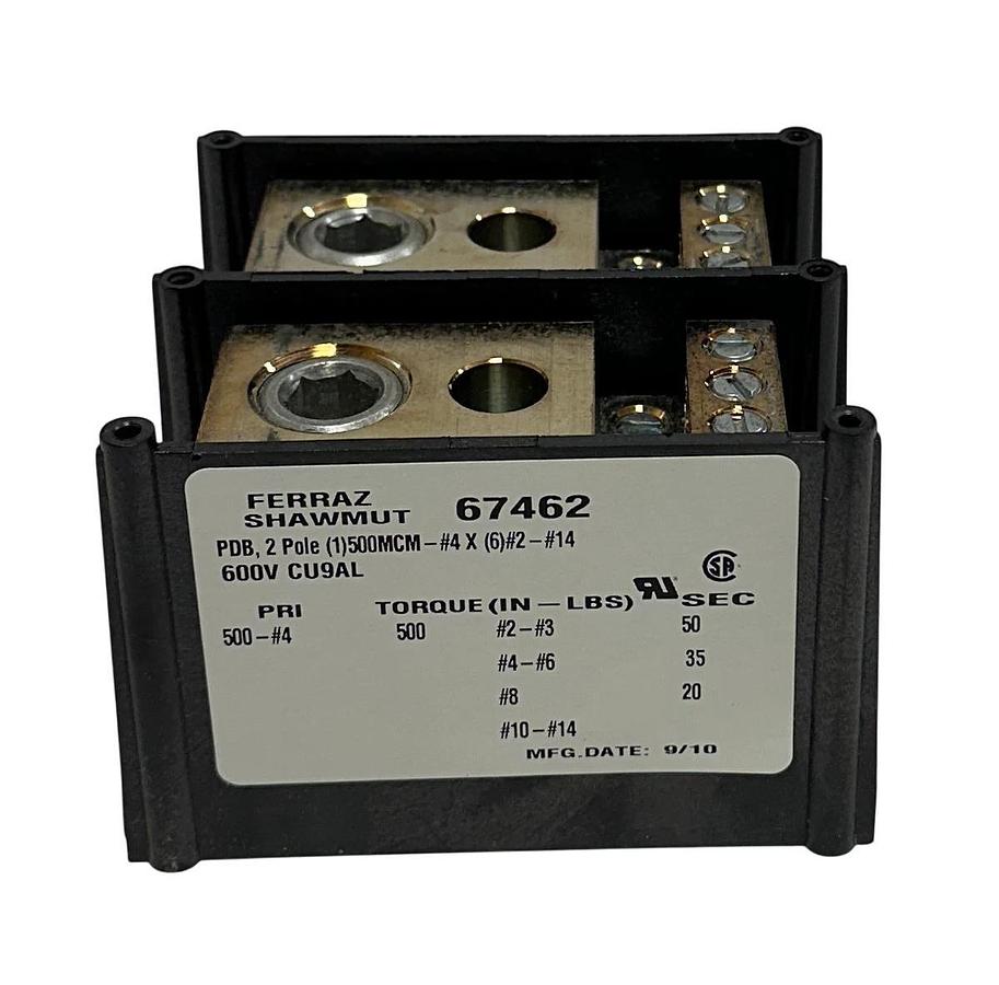 FERRAZ SHAWMUT 67462 POWER DISTRIBUTION BLOCK 2-POLE 500MCM 600V CU9AL NSMP