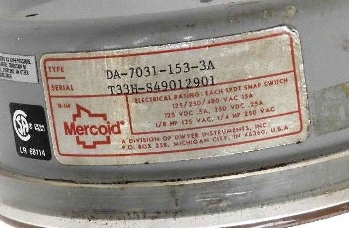 Used MERCOID DA-7031-153-3A PRESSURE SWITCH DA70311533A