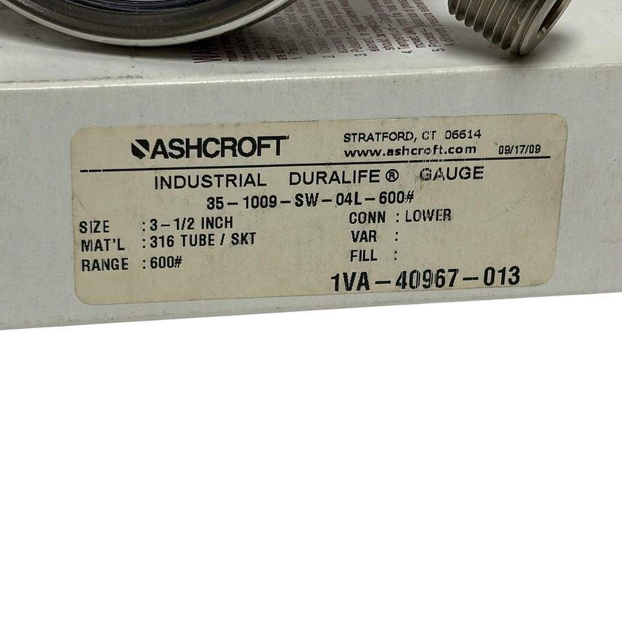 Used Ashcroft 35-1009-SW-04L-600# Duralife 3.5" Pressure Gauge 600 PSI 316SS New