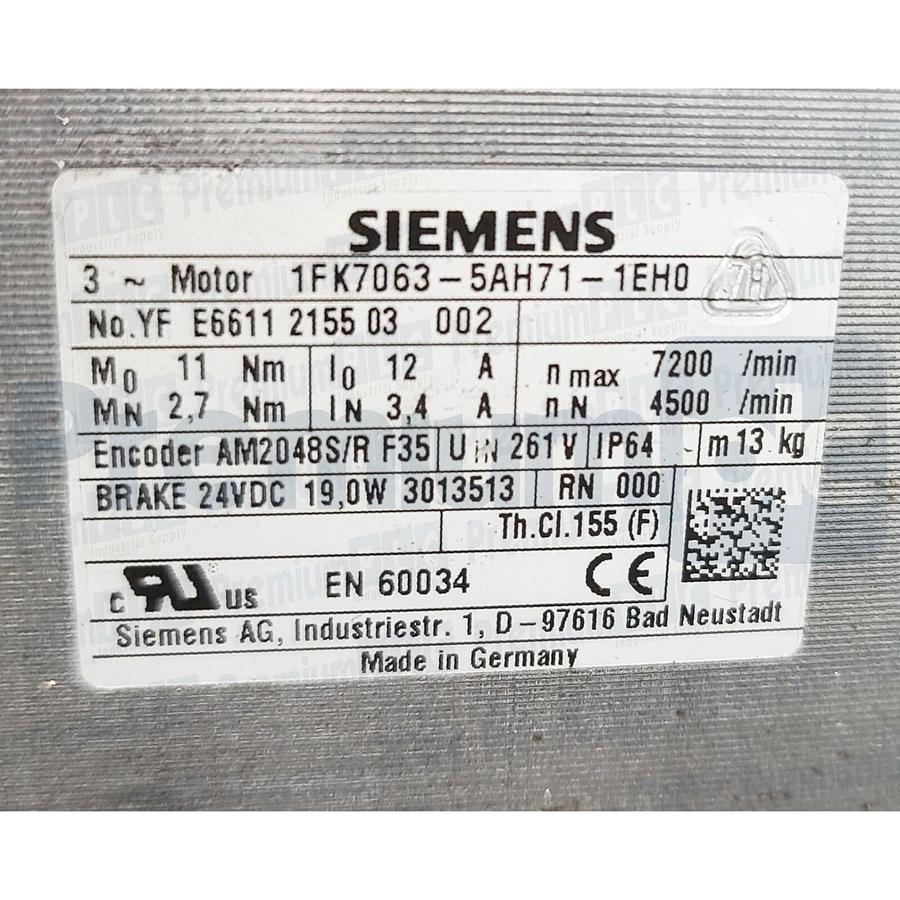 Used SIEMENS 1FK7063-5AH71-1EH0 SIMOTICS S SERVO MOTOR 1.41kW w/HOLDING BRAKE NSNP