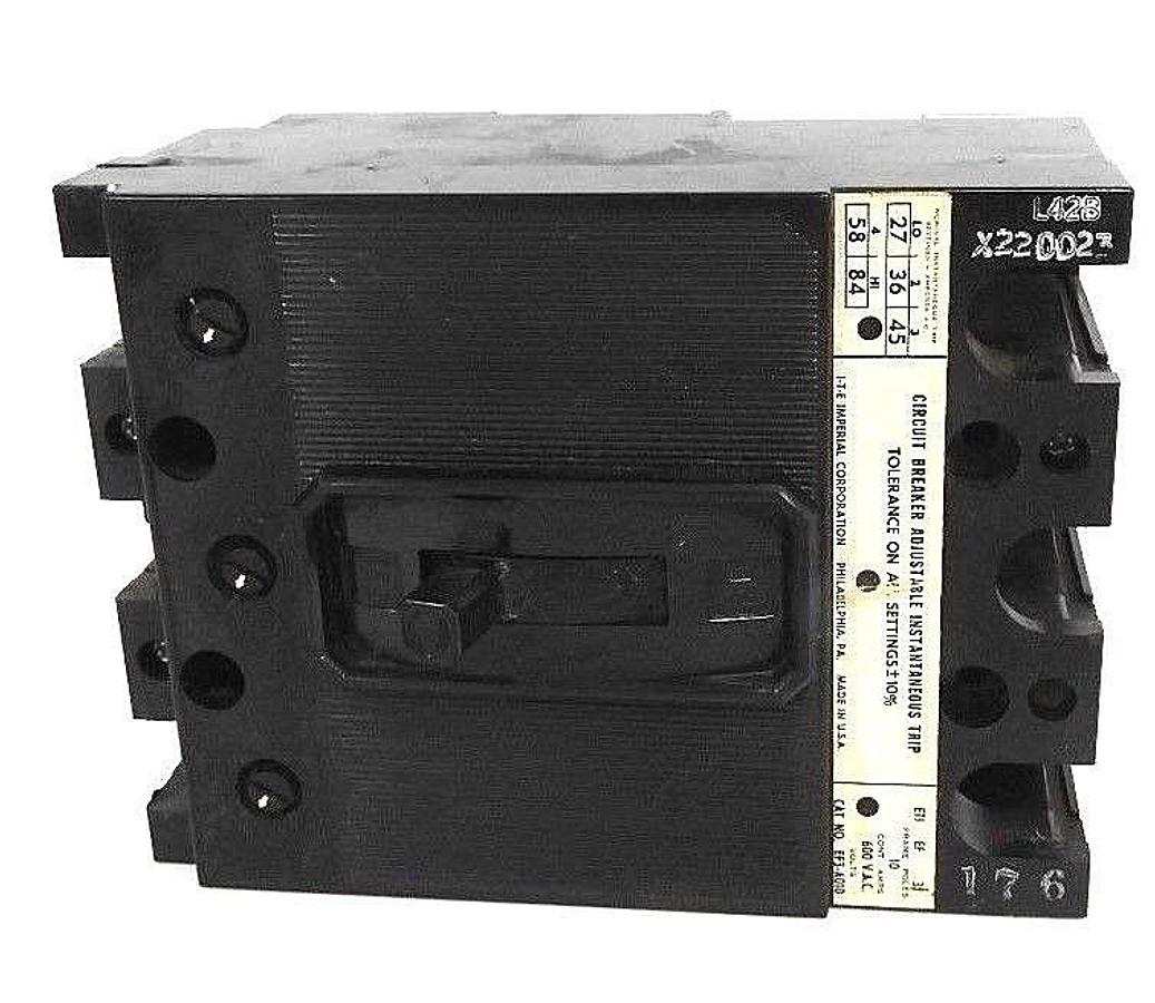 Used ITE SIEMENS EF3-A010 CIRCUIT BREAKER 10 AMPS, 600 VAC, 3 POLE, EF FRAME