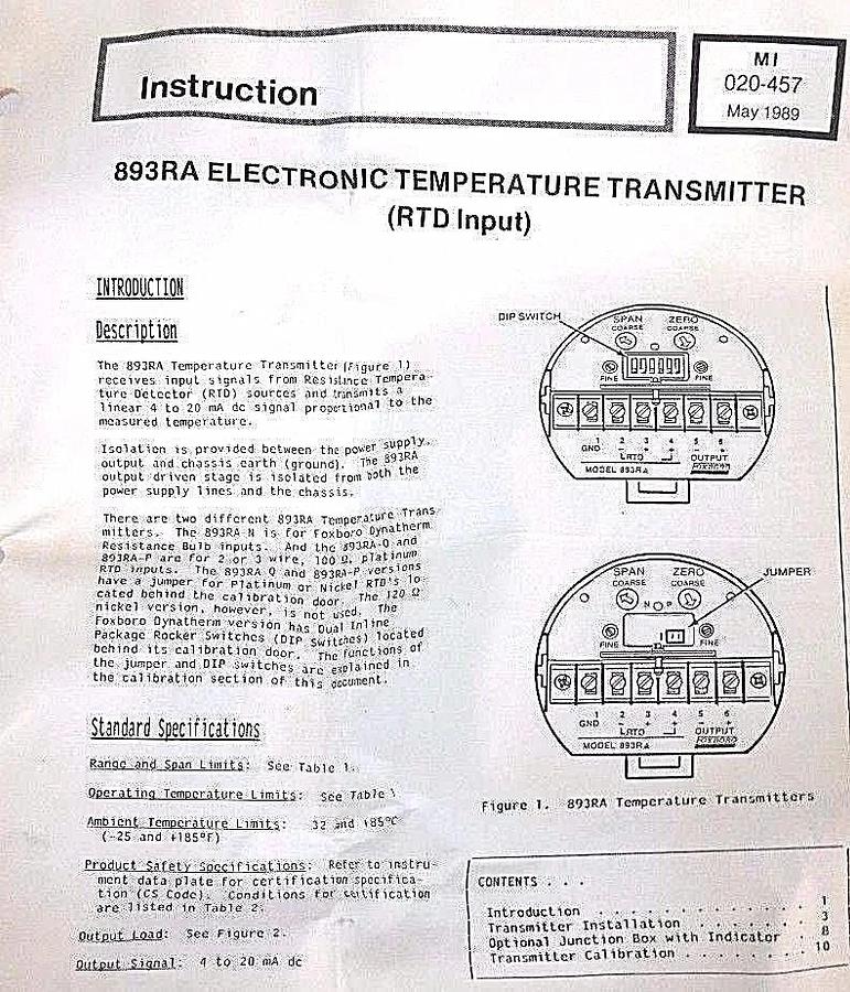 NIB FOXBORO 893RA-QFBN000 TEMPERATURE SENSOR ORIGIN: 5S9034 MODEL: 893RA