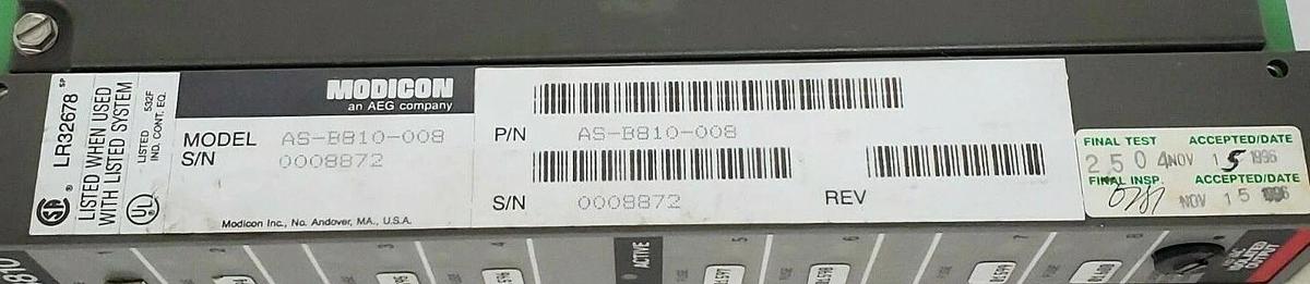 Used MODICON AS-B810-008 ISOLATED OUTPUT MODULE AS-B810-100 REV. A7 ASB810008