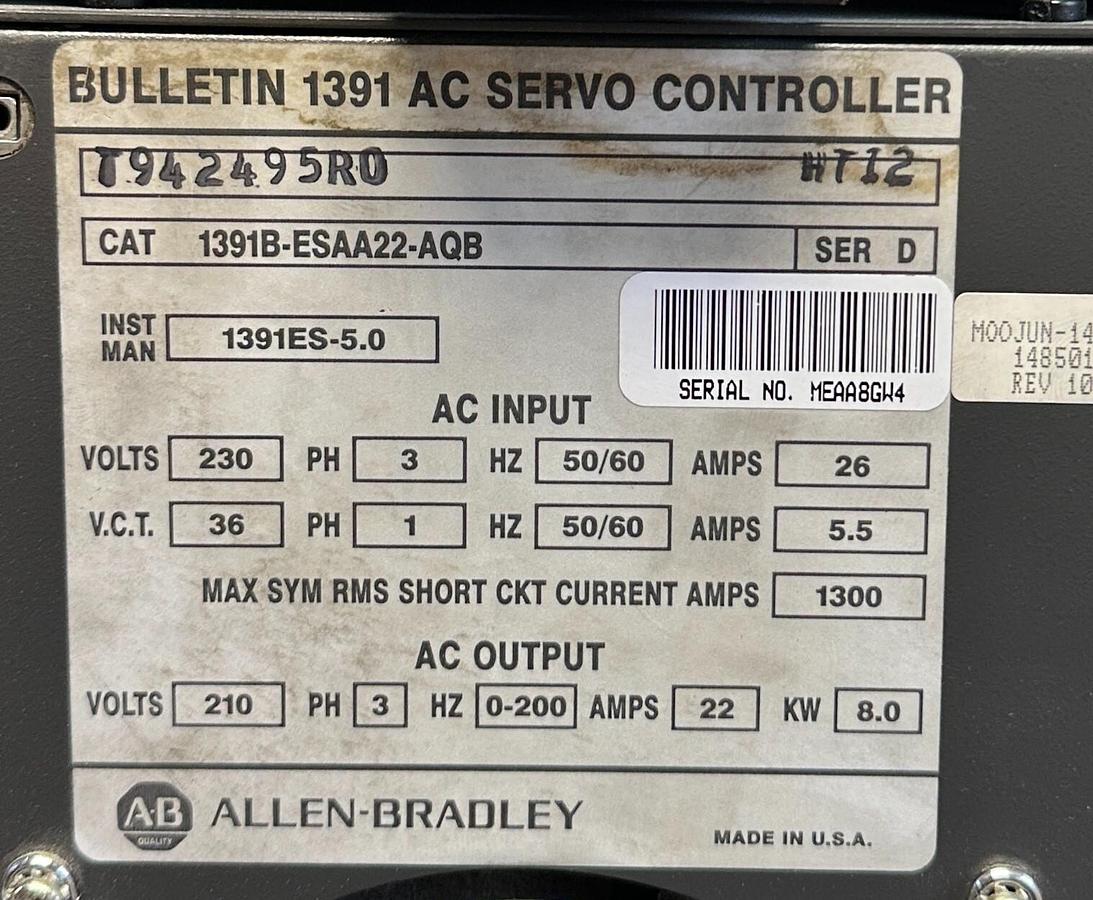 Used ALLEN BRADLEY 1391B-ESAA22-AQB /D BULLETIN 1391 AC SERVO CONTROLLER 8kW USNP