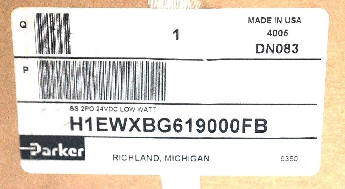 Used NIB PARKER H1EWXBG619000FB PNEUMATIC VALVE 145PSI MAX, 24VDC, 2.3W MAX, P0293349