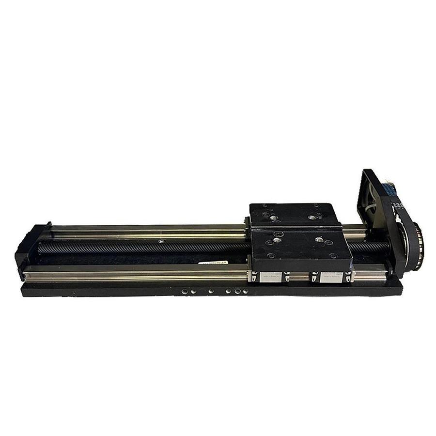 Used MACRON 10763A01 LINEAR TABLE SLIDE RAIL W/ 4 R166611420 GRIPPERS & PULLEYS, BELT