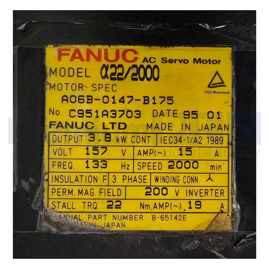 Used FANUC A06B-0147-B175 ALPHA α22/2000 AC SERVO MOTOR 3.8kW W/BRAKE 22 Nm. REMAN