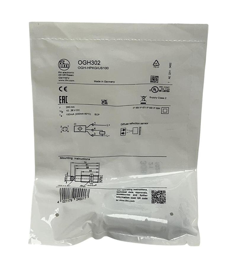 Used IFM ELECTRONIC OGH-HPKG/US100 / OGH302 DIFFUSE REFLECTION SENSOR 10-36VDC NSFS