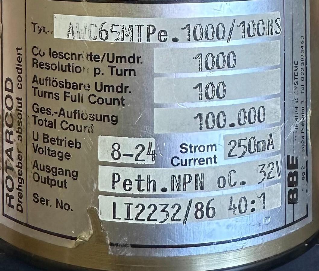 Used BBE LIKA AWC65MTPe.1000/100NS / AWC65MTPE1000100NS ROTARCOD ENCODER 40:1 250mA