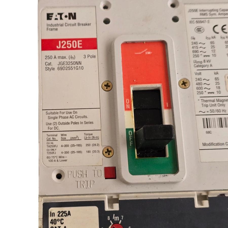Eaton JGE3250NN | J250E Circuit Breaker 250A 3P 600V 69D2551G10 w/225A Trip NSNP 782116008612