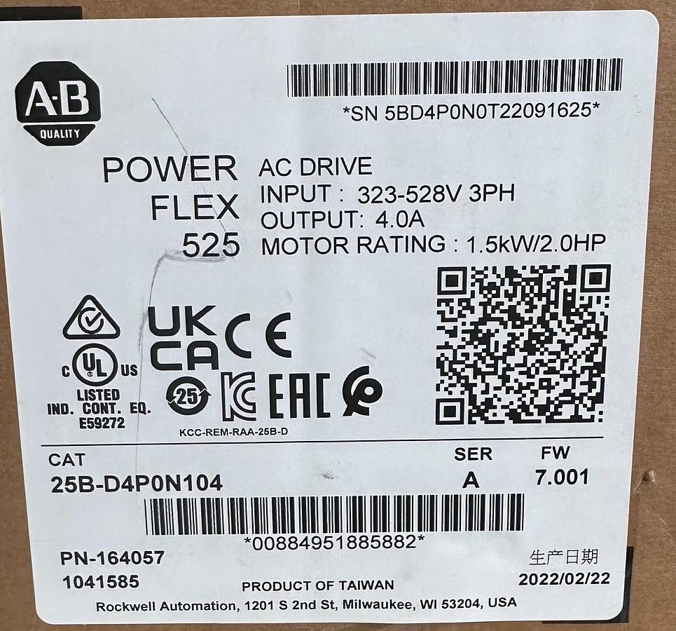 ALLEN BRADLEY 25B-D4P0N104 /A PowerFlex 525 AC DRIVE 1.5kW/2.0HP 480V 2022 NSFS