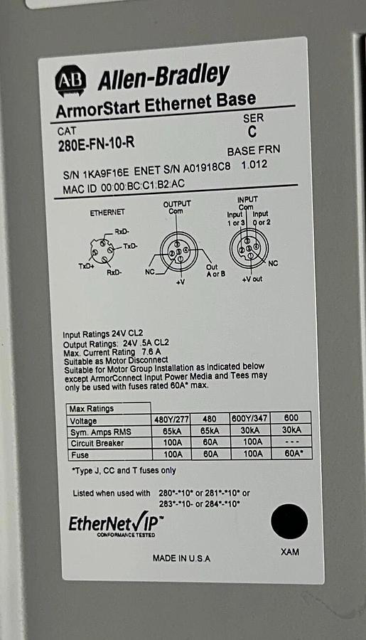 ALLEN BRADLEY 281E-F12Z-10A-RRW /C ArmorStart CONTROL 280E-FN-10-R /C Enet NSNP
