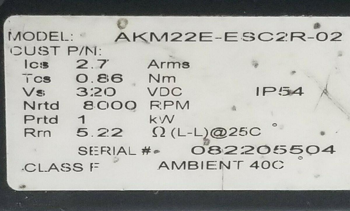 Used DANAHER MOTION AKM22E-ESC2R-02 SERVOMOTOR 320VDC 2.7 ARMS 8000RPM