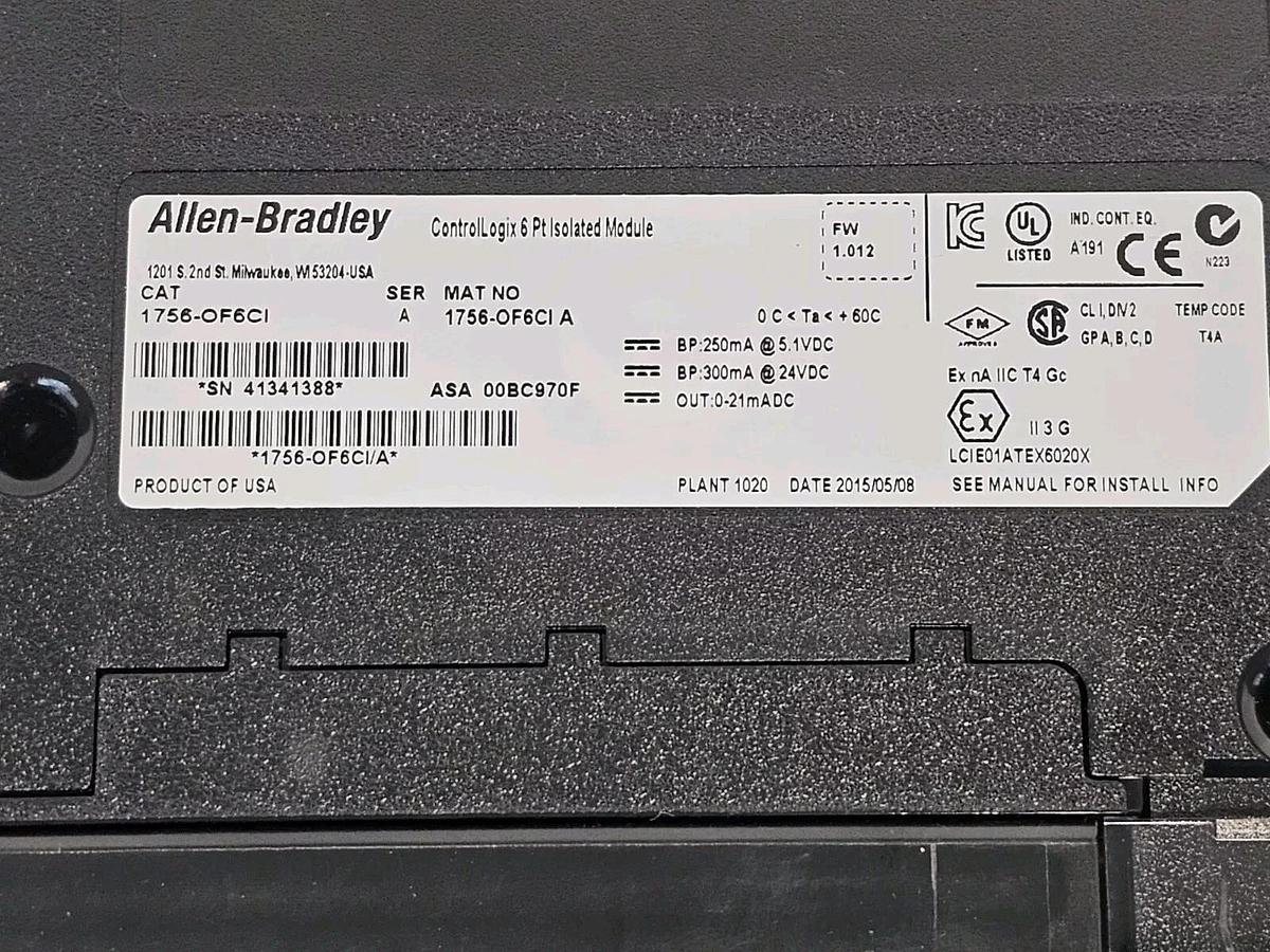 Used ALLEN BRADLEY 1756-OF6CI CONTROLLOGIX 6 PT ISOLATED MODULE SER. A FW: 1.012