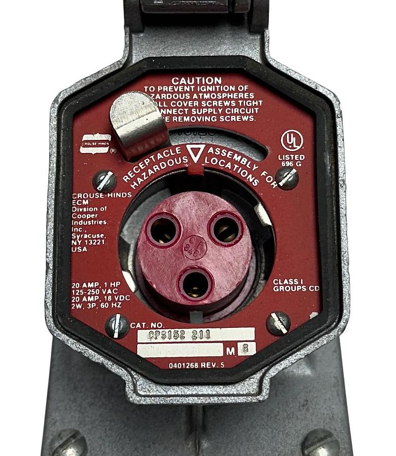 Used CROUSE-HINDS CPS152-211 / CPS152211 ARKTITE RECEPTACLE ASSEMBLY 20A 1HP 3P USNP