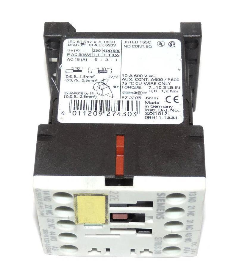 Used SIEMENS 3RH1122-1BB40 CONTROL RELAY, 2NO 2NC, 24VDC COIL, 3RH11221BB40