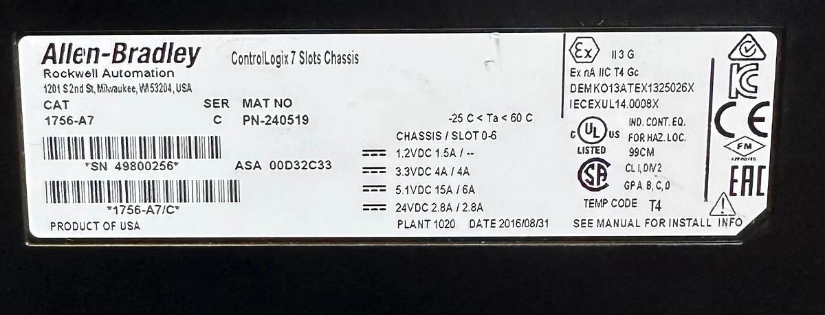 Used ALLEN BRADLEY 1756-PA72 /C ControlLogix AC POWER SUPPLY W/ 1756-A7 /C CHASSIS