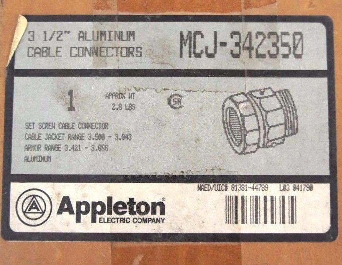 Used NIB APPLETON MCJ-342350 ALUMINUM SET SCREW CABLE CONNECTOR 3-1/2", MCJ342350
