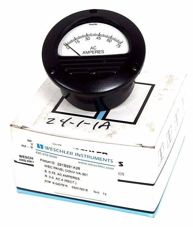 Used NIB WESCHLER INSTRUMENTS 291B281A26 PANEL METER 0-75 AC AMPERES