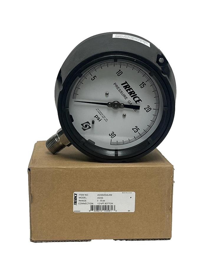 NEW Trerice 450SS4504LA30 Process Pressure Gauge 4.5" Dial 0-30 PSI 1/2" NPT LM