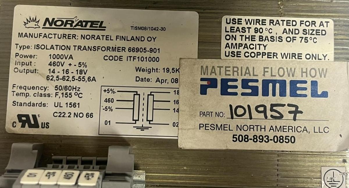 Used NORATEL 66905-901 Isolation Transformer 1000VA 460V In 14-16-18V Out 6A 50/60Hz