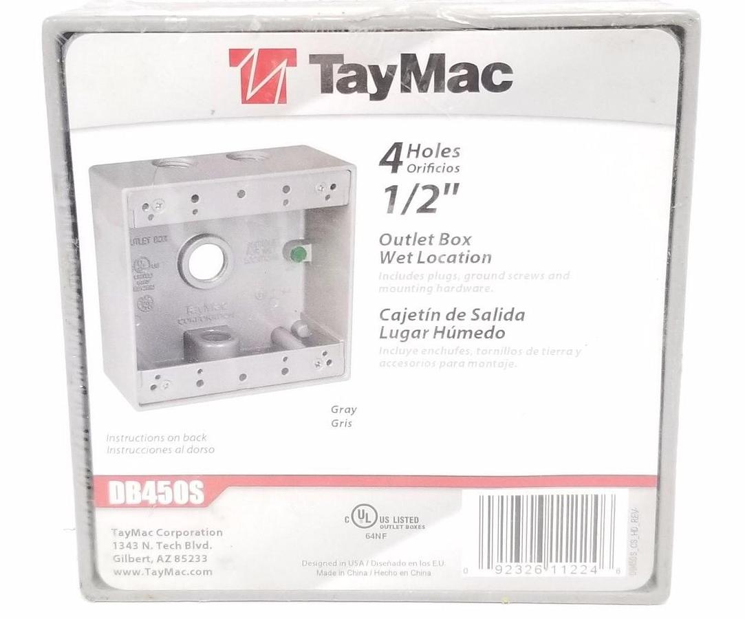 Used NEW TAYMAC DB450S WEATHERPROOF OUTLET BOX, 4 HOLES, GRAY, 1/2"