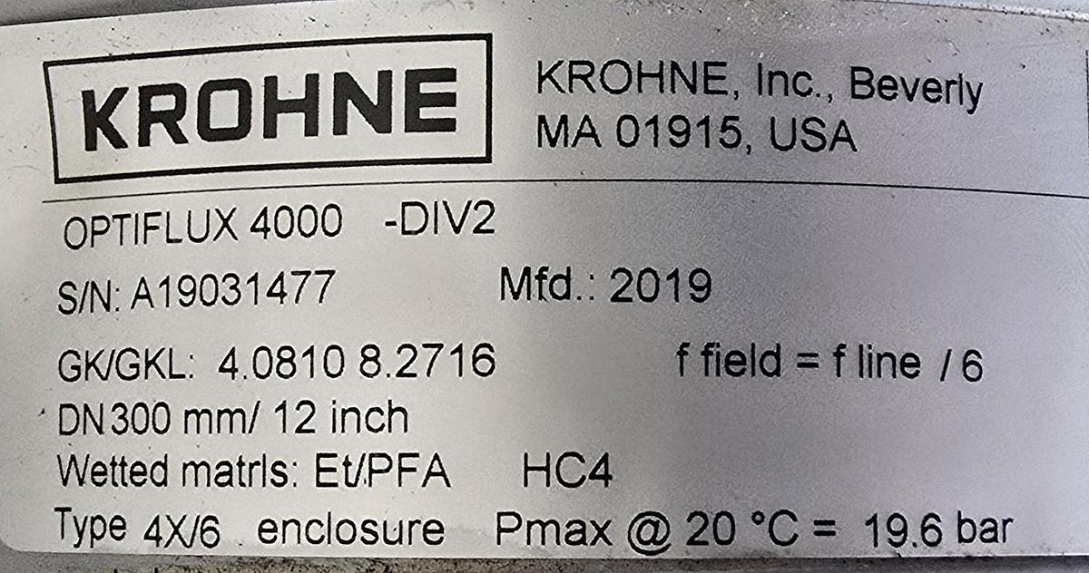 Used KROHNE DN300 mm / 12" inch ELECTROMAGNETIC FLOW METER OPTIFLUX 4000-DIV2 NSMP