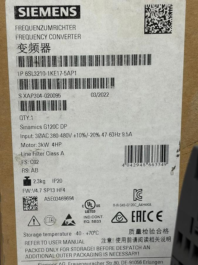 Used Siemens Sinamics G120C DP 3kW 4HP VFD Inverter 6SL3210-1KE17-5AP1 New