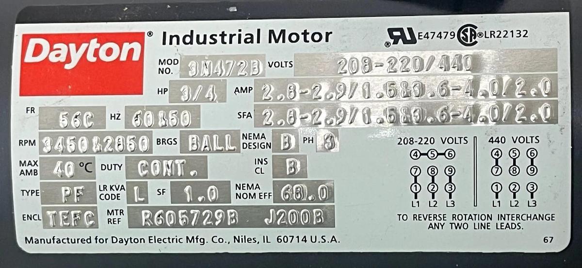 Dayton 3N472B AC Motor | 3/4 HP 3450 RPM | 3-Phase 208-220/440V | 56C TEFC