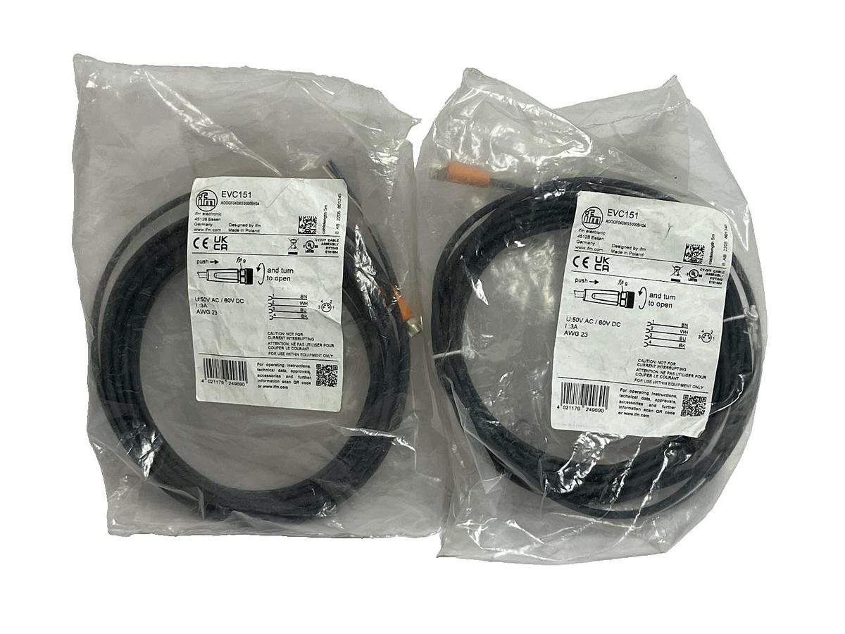 Lot of 2 ifm electronic EVC151 M12 Connection Cable 4-Pin 2m Black