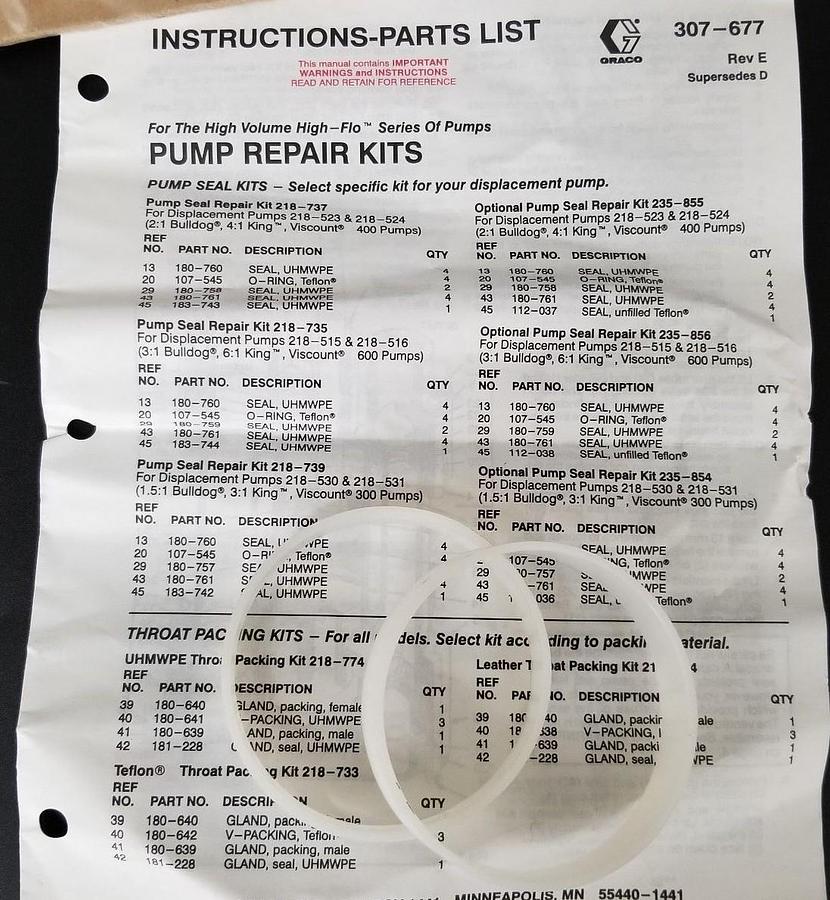 Used NEW GRACO 218-739 SERIES 194B PUMP SEAL REPAIR KIT 218739 *INCOMPLETE*