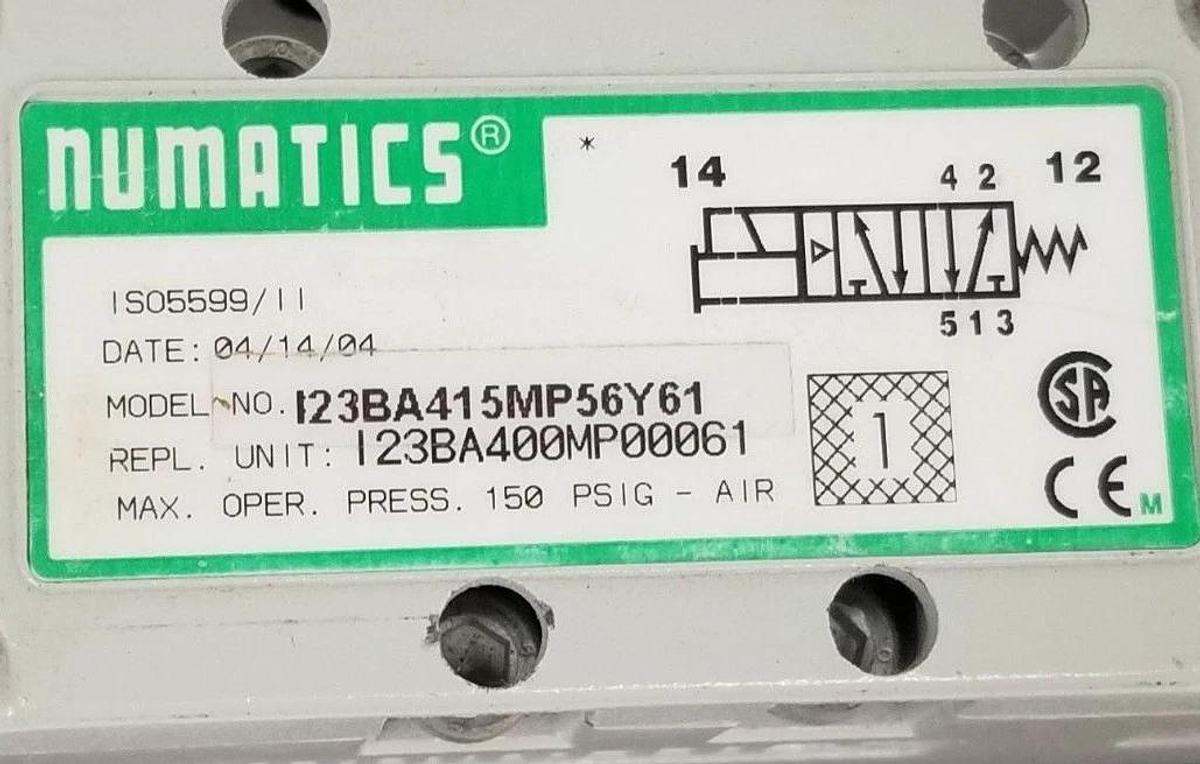 Used NUMATICS I23BA415MP56Y61 SOLENOID METRIC VALVE W/ BASE MANIFOLD I23BA400MP00061