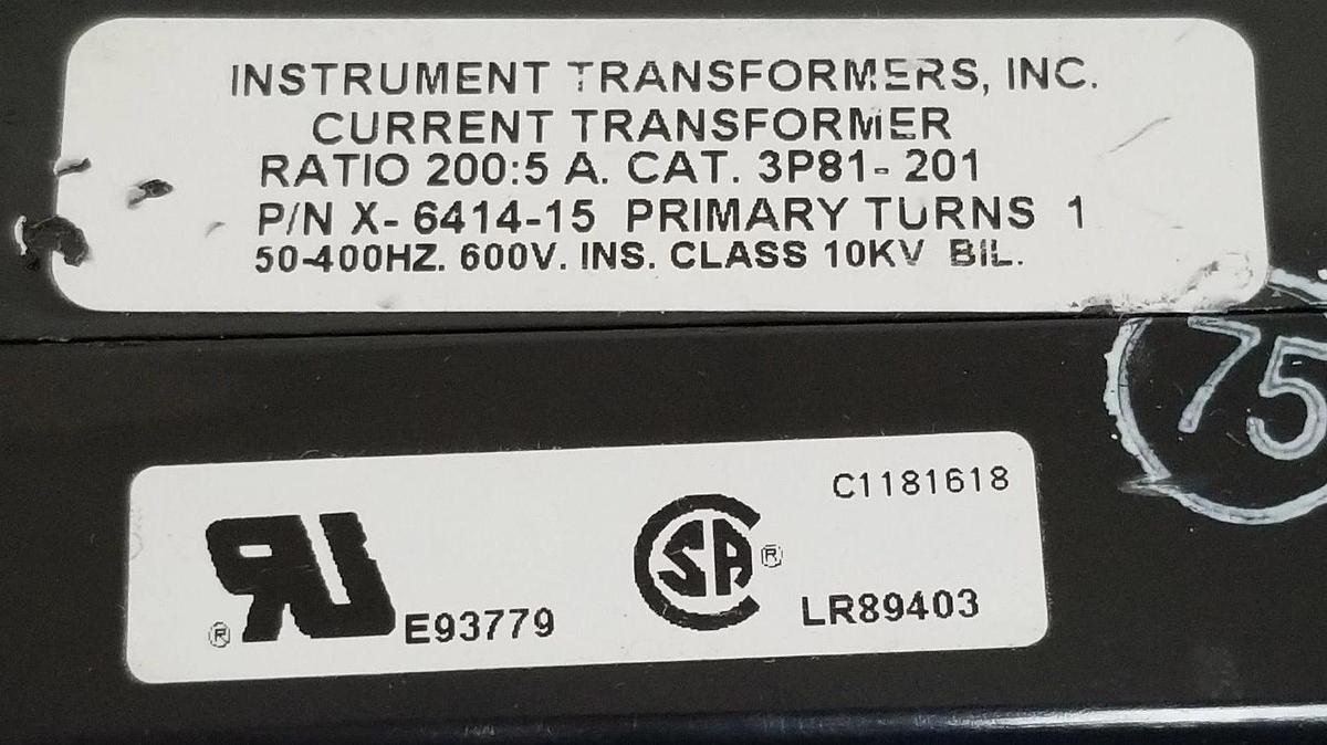 Used INSTRUMENT TRANSFORMERS CAT. 3P81-201 CURRENT TRANSFORMER P/N: X-6414-15